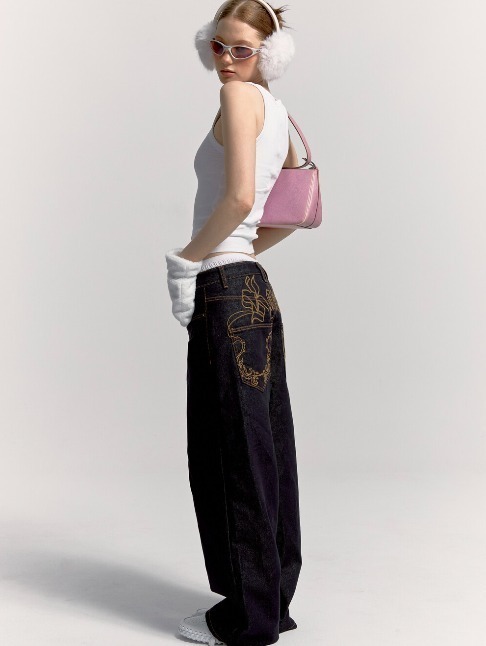 Kashiko】Embroied Nonfade Denim Pants Black (Kashiko/デニム