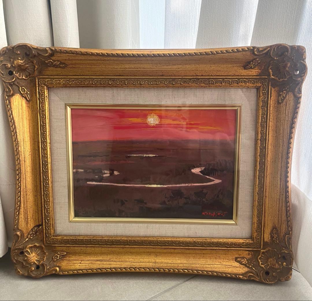 【真作】高橋和彦 油彩画「日没」1994年 額装品